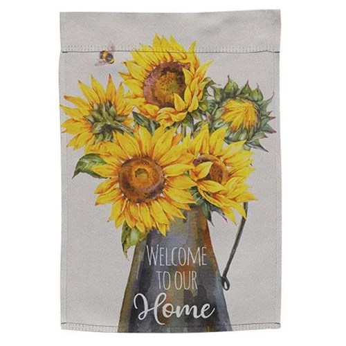 Bed skirts with a damask pattern for an elegant lookWelcome to Our Home Sunflowers in Milk Can Garden Flag Bed skirts with a damask pattern for an elegant lookWelcome to Our Home Sunflowers in Milk Can Garden Flag