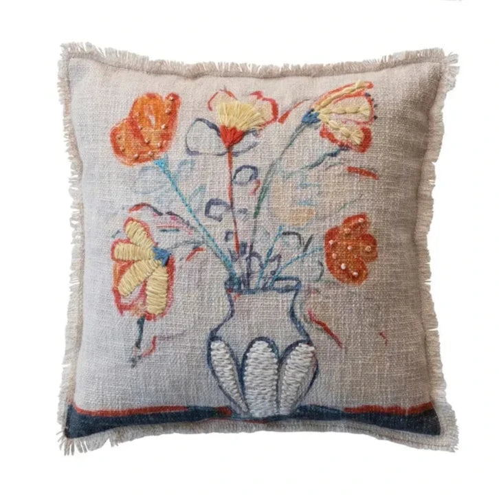Plush Pillows for a Cozy BedFloral Embroidered Cotton Slub Pillow