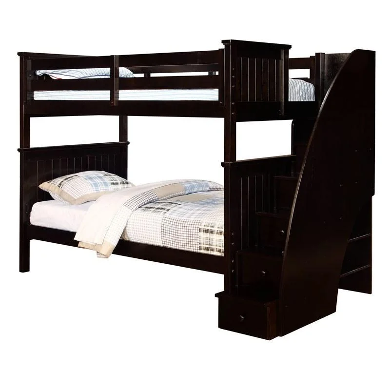Latex mattresses with natural bounce and breathabilityTwin/Full Beadboard Bunk Bed with Stairs (Espresso)