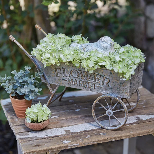 Bed skirts with a plaid pattern for a traditional styleFarmhouse Denim Tabletop Wheelbarrow