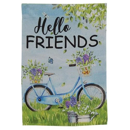 Bed skirts with a geometric print for a modern aestheticHello Friends Bicycle Garden Flag