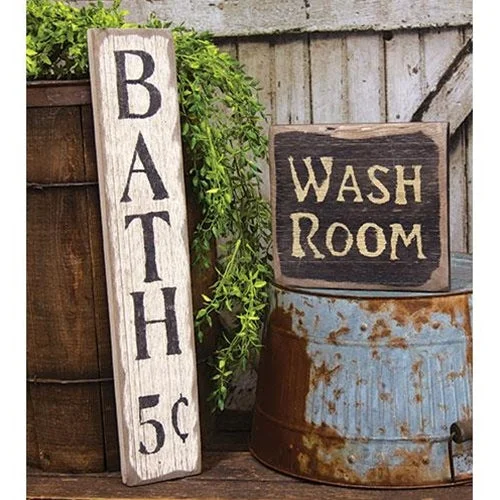 Bed skirts with a vintage - inspired patternWash Room Distressed Barnwood Sign