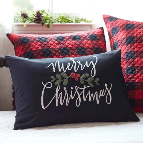 Plush Pillows for a Cozy BedMerry Christmas Embroidered Black Linen Pillow