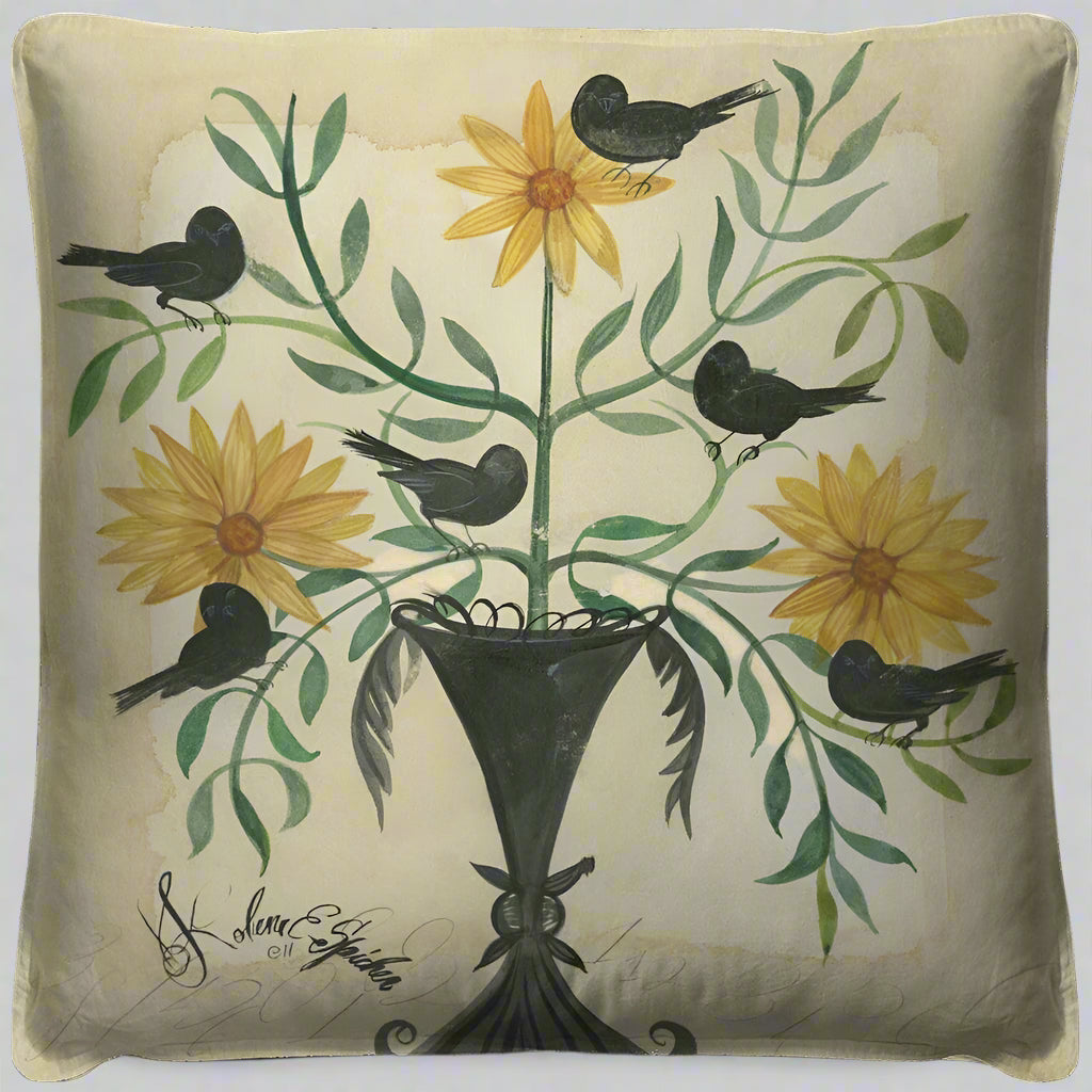 Round Pillows for Boho-Style InteriorsBlack Birds In Yellow Flowers Throw Pillow