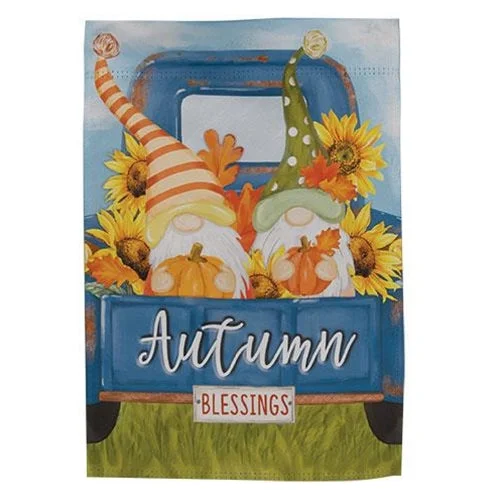 Bed skirts with a herringbone pattern for a sophisticated lookAutumn Blessings Gnomes in Truck Garden Flag Bed skirts with a herringbone pattern for a sophisticated lookAutumn Blessings Gnomes in Truck Garden Flag