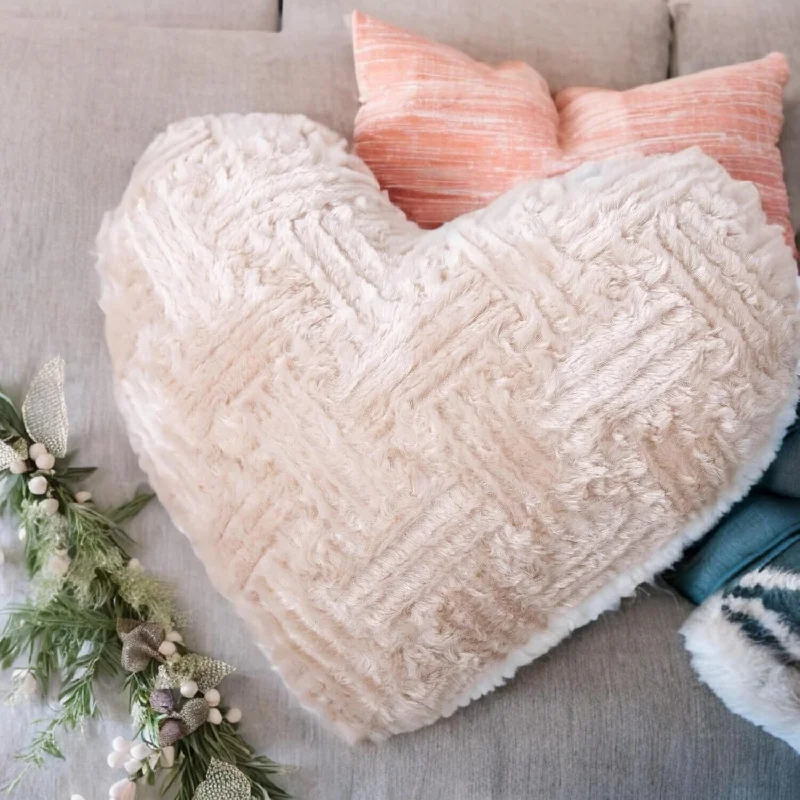 Cotton Pillows for Natural ComfortDaDa Bedding Heart Pillows Decorative Throw Pillows - Neutral Champagne Beige Heart Shaped Throw Toss Lap Fluffy Faux Fur Sherpa Pillows (16x14)